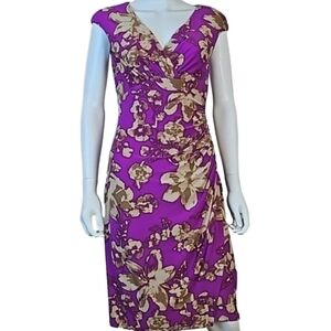 Lauren Ralph Lauren Purple Tan Bold Floral Faux Wrap Ruched Sheath Dress